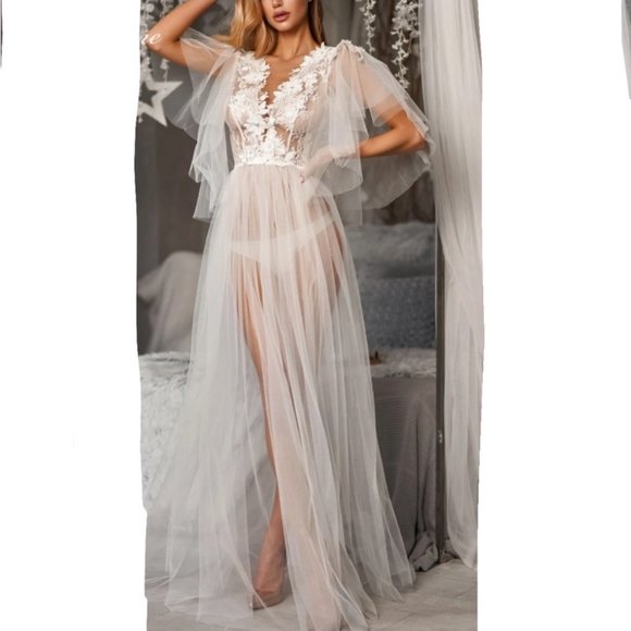 Sheer tulle lace white organza wedding bridal long morning robe boudoir dress - Picture 8 of 8